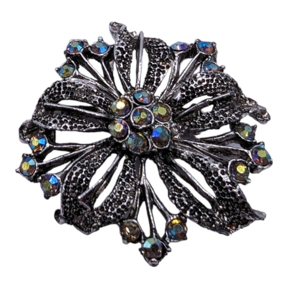 Vintage Aurora Borealis Rhinestone Silver Tone Flower Leaf Estate Brooch Pin - Picture 4 of 6